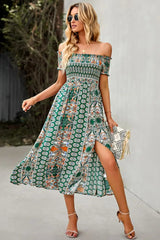 Ingvn - Bohemian Off-Shoulder Frill Trim Split Dress