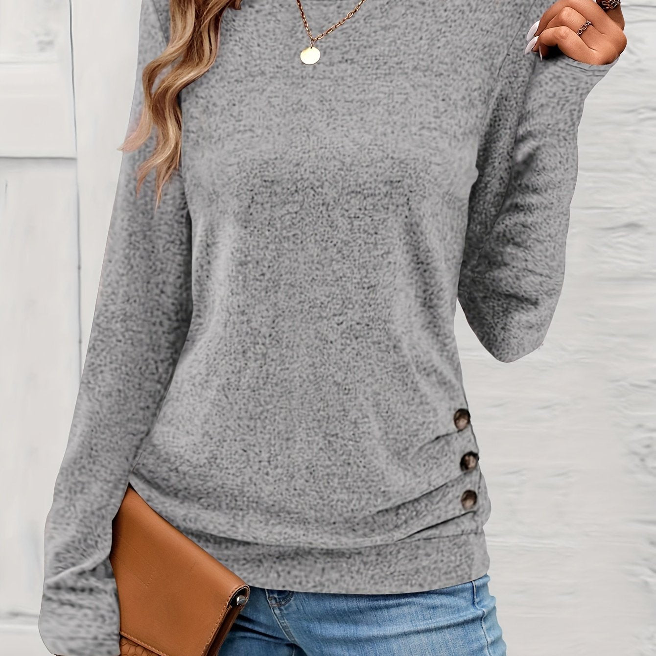 Button Decor Ruched T-Shirt, Casual Long Sleeve Top For Spring & Fall, Women's Clothing