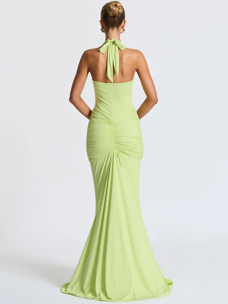 Deep V Neck Backless Ruched Sexy Maxi Dress Women Gown Summer Halter Sleeveless Draped Club Party Long Dress