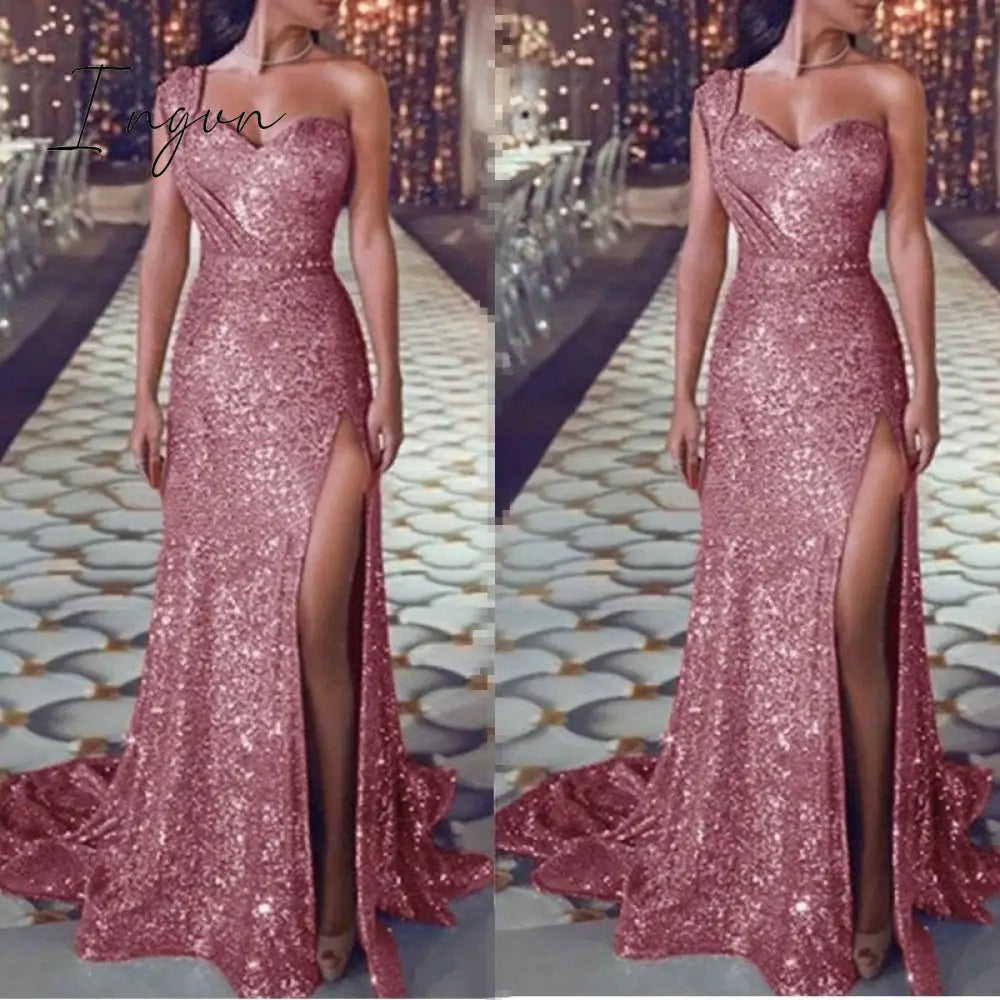 Ingvn - Big 5XL Fashion Women Dress Sequin Prom Party Fork Opening Ladies Dresses Ball Gown Sexy Gold Evening V-Neck Long Women Dress