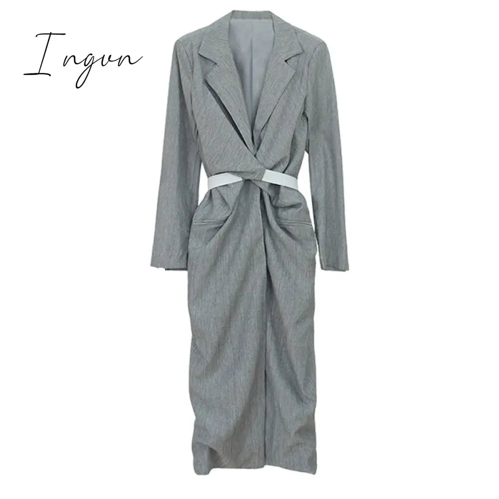 Ingvn - Women Gray Pleated Knot Long Elegant Dress New V-collar Long Sleeve Loose Fit Fashion Tide Spring Summer 2023