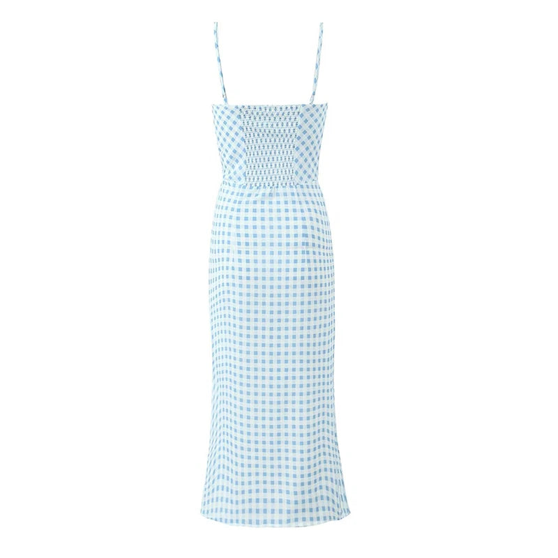 Summer Women Sexy Thin Straps Blue White Plaid Sling Dresses Midi Long Pencil Dress Holiday Robe