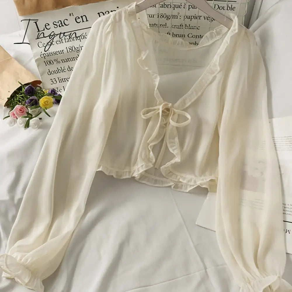 Ingvn - Fashion Women Thin Coat Casual Lace Bow Summer Sun Protection Clothes Female Cardigan Shirt Clothing Tops Blouse For Woman Covers Blusa