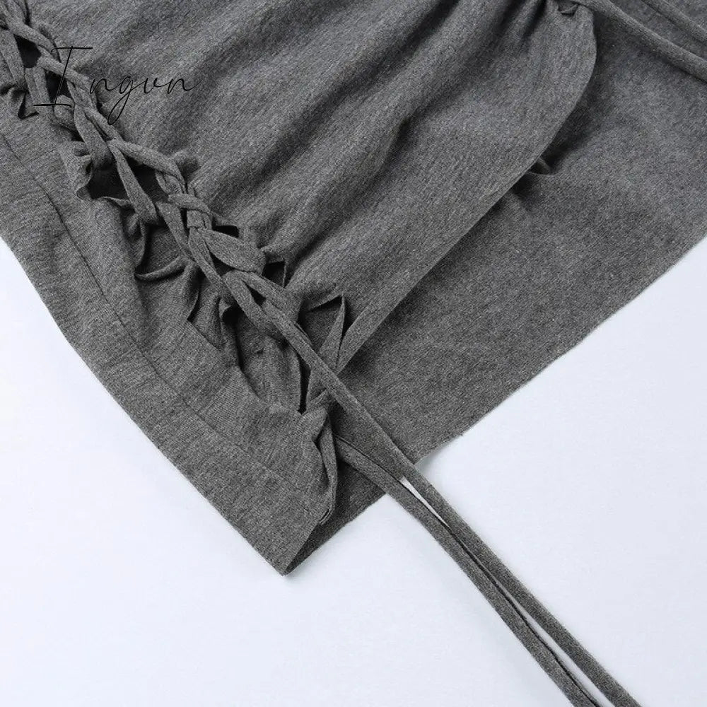 Ingvn - Dark Gray Hollow Out Mini Dress Sexy Drawstring Bandage Backless Summer Dresses for Women 2023 Birthday Party Clubwear