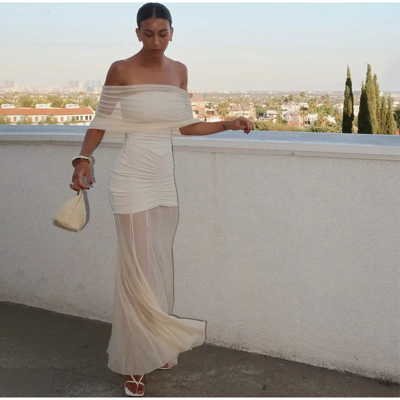 Mesh Patchwork Strapless Sexy Maxi Dress For Women Fashion Off-shoulder Backless High Waist Ruched Slim Party Dress Summer 2025