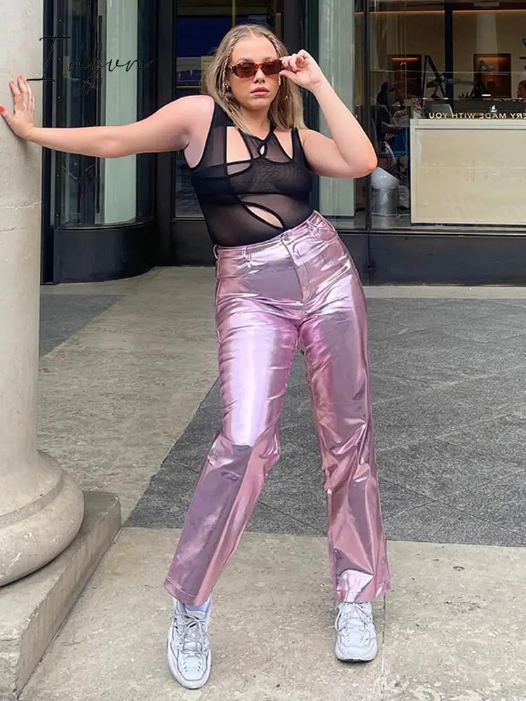 Ingvn - Women Metallic Straight-Leg PU Pants Sexy ZA Sparkling High Waist Trousers Streetwear Luxury Birthday Costumes 2023 Spring Fall