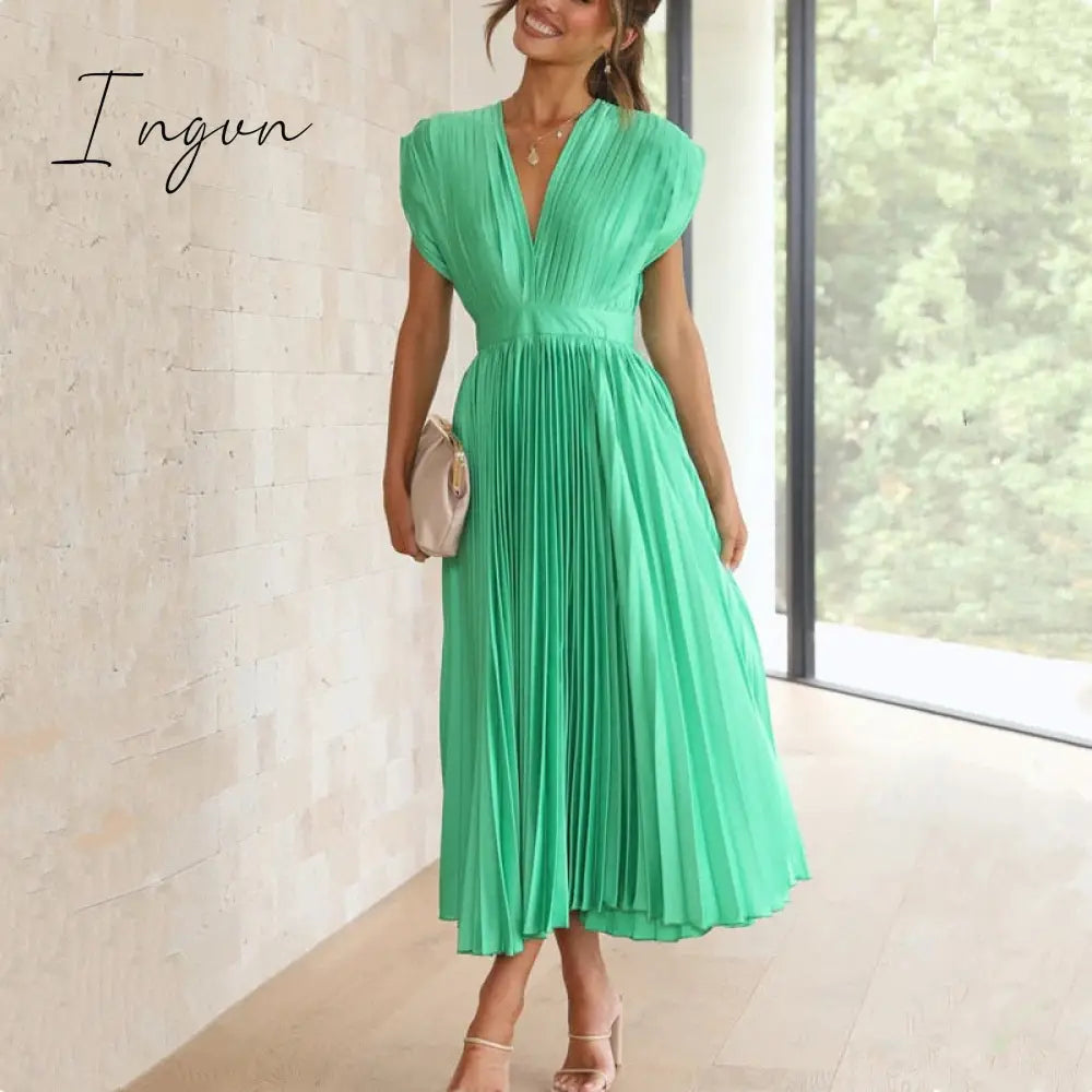 Ingvn - Spring Summer Sexy Women Dress Elegant Fashion Sleeveless V Neck Hollow Out Back Big Hem Pleated Dress