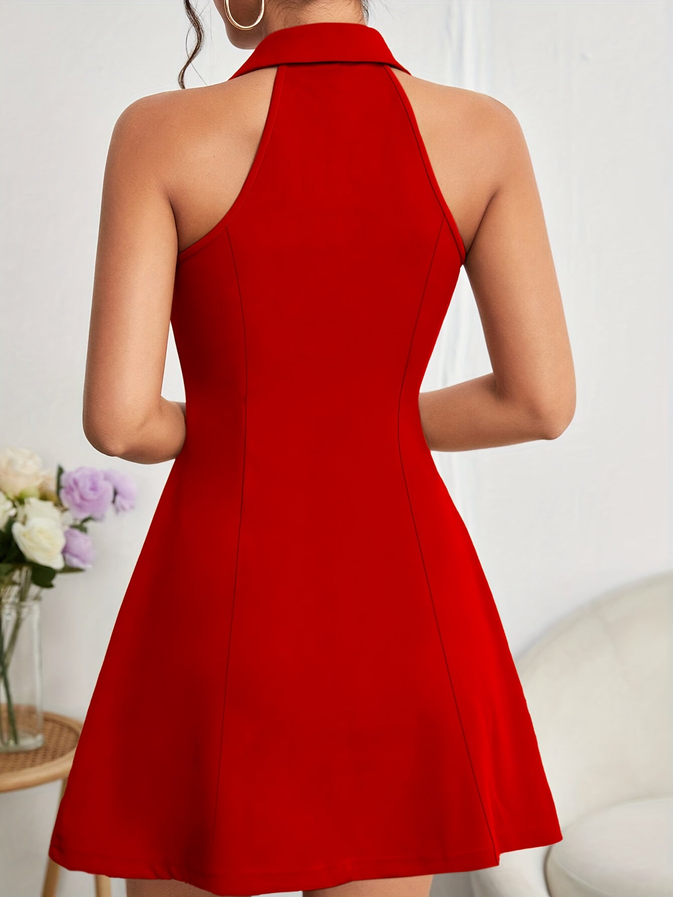 V Neck A-line Solid Mini Dress, Elegant Sleeveless Dress For Spring & Summer, Women's Clothing