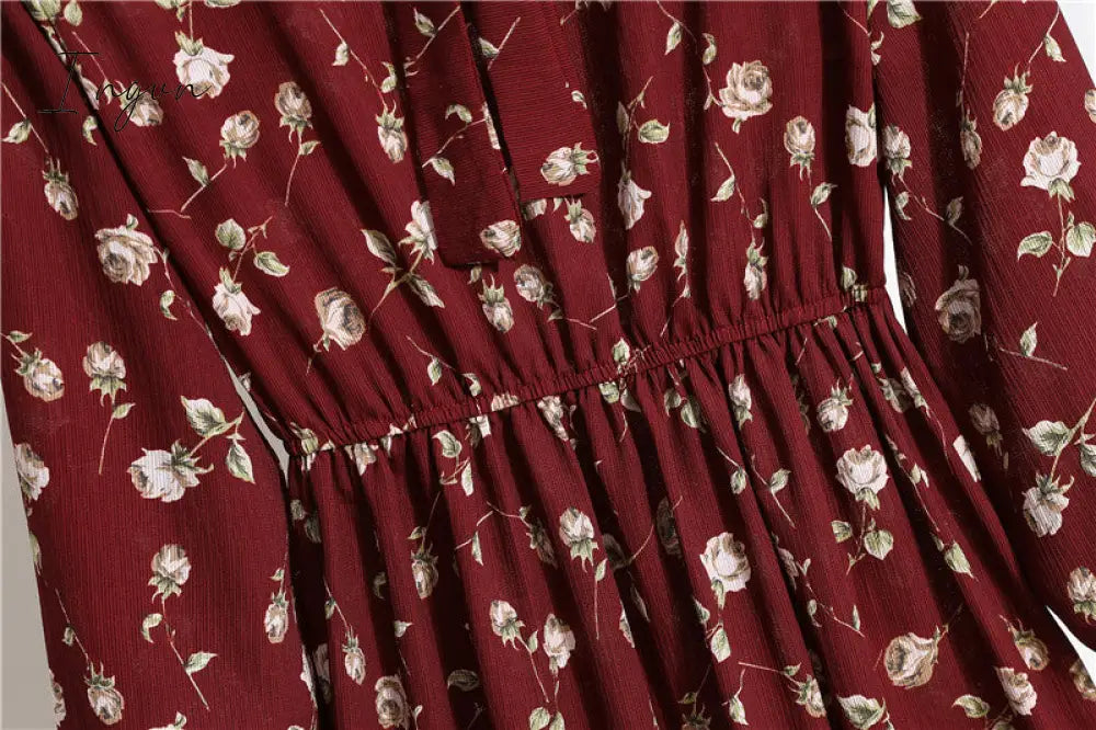 Ingvn - 11 Style Beautiful Fashion Summer Women Long Sleeve Dress Retro Collar Casual High Waist Dresses Floral Print Chiffon Clothing