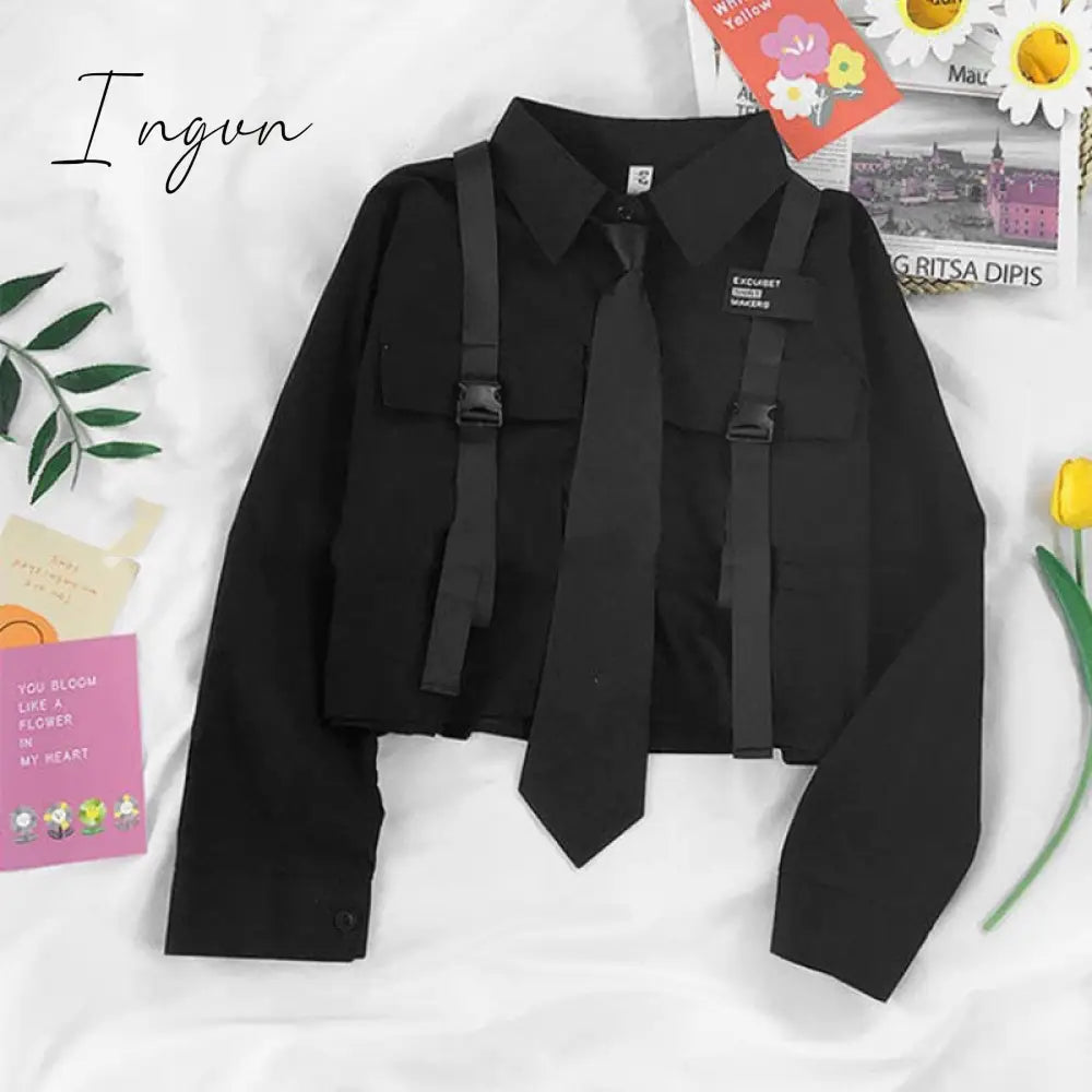Ingvn - Spring Outfits 2023 Trends Harajuku Women Shirts And Blouses Feminine Tie Pocket Top Casual White Turn-down Collar OL Style Female Blouses Streetwear