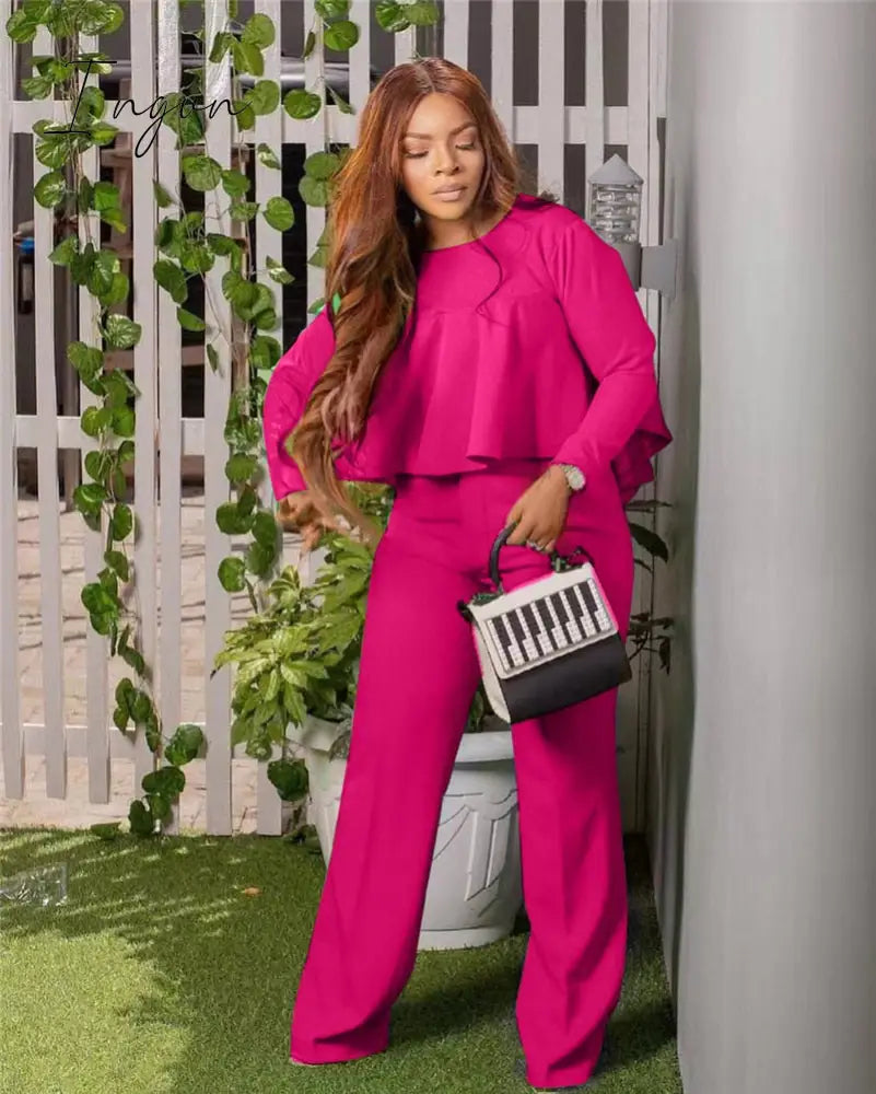 Ingvn - 2023 Elegant Work Wear Two Piece Set Fall Clothes for Women Ruffles Crop Top and Wide Leg Pants Suits Matching Sets Sexy Club Outfits