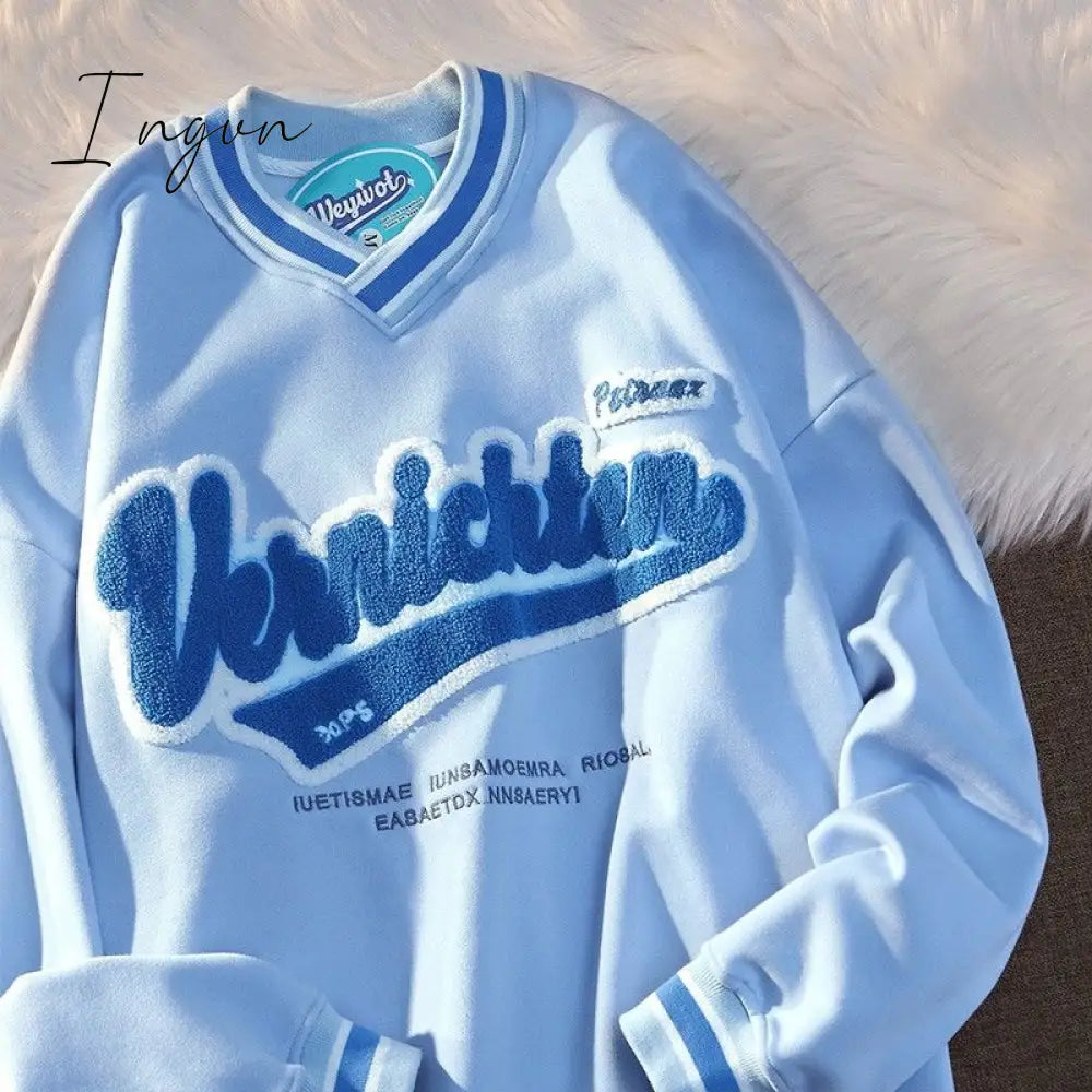 Ingvn - Valentine's Day gift for women Fashion American retro letter embroidery sweatshirt women Harajuku V-neck new plus size hoodies Y2K loose couple long-sleeved shirt