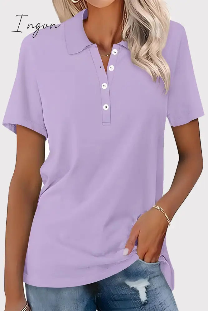Ingvn - Casual Simplicity Solid Buckle Turndown Collar T-Shirts