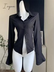 Ingvn - Women Retro Solid Color Slim Chiffon Shirt Turn-down Collar Flare Sleeve Tunic Bandage Design Female Blouses 2023 Spring Summer