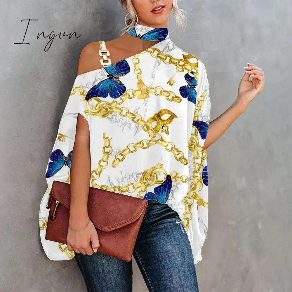 Ingvn - Women Metal Halter Hollow Out Print Top Patchwork Short Sleeve Loose Summer Blouse Femme Fashion Pullovers Casual Youth New