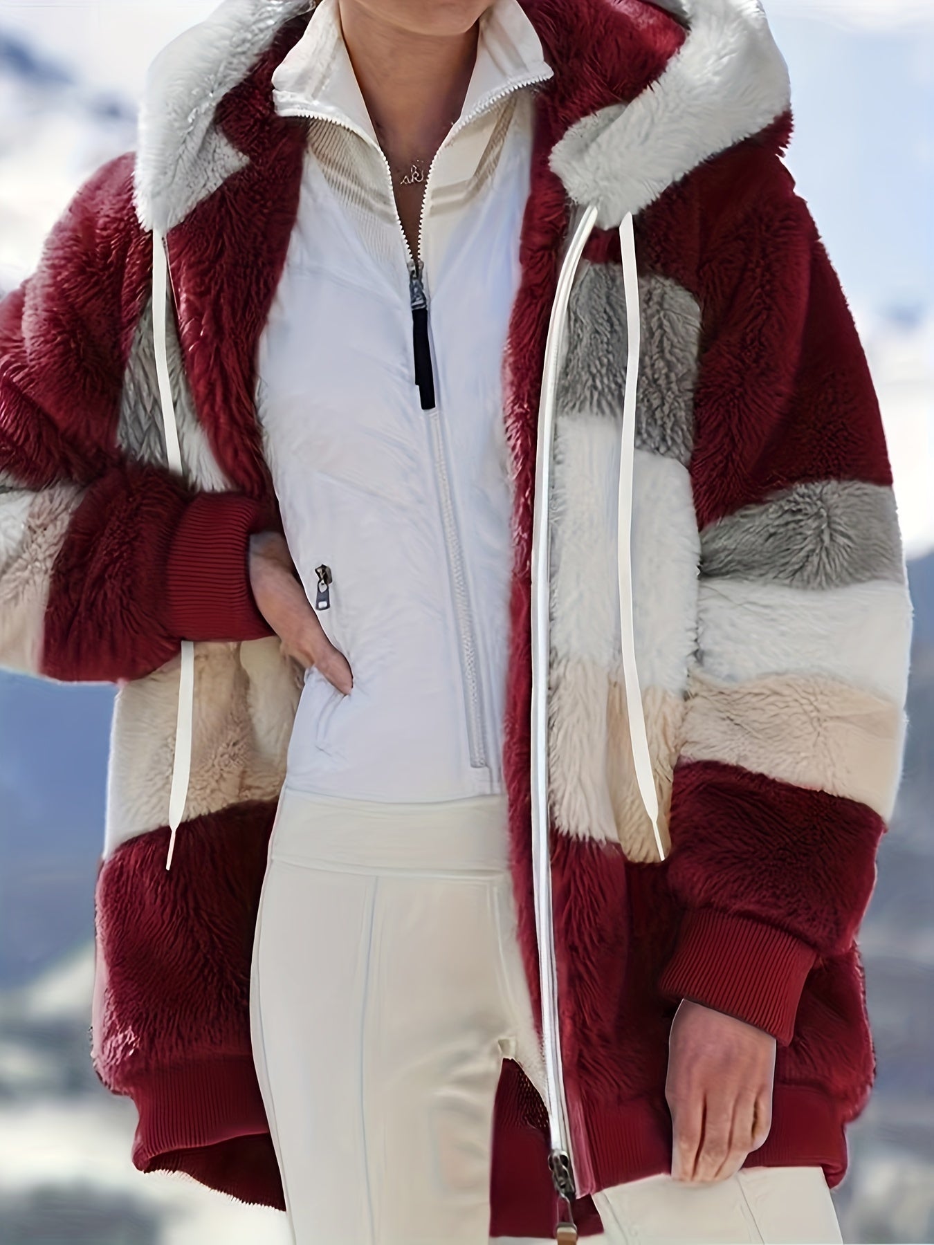 Fuzzy Color Block Coat, Casual Hooded Zip Up Drawstring Long Sleeve Outerwear, Women's Clothing