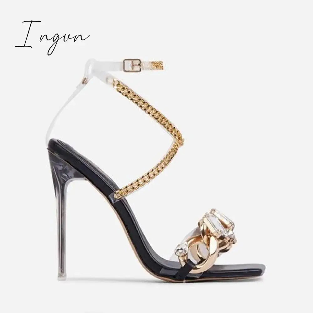 Ingvn - Noble Gold Chain Large Crystal High Heel Sandals