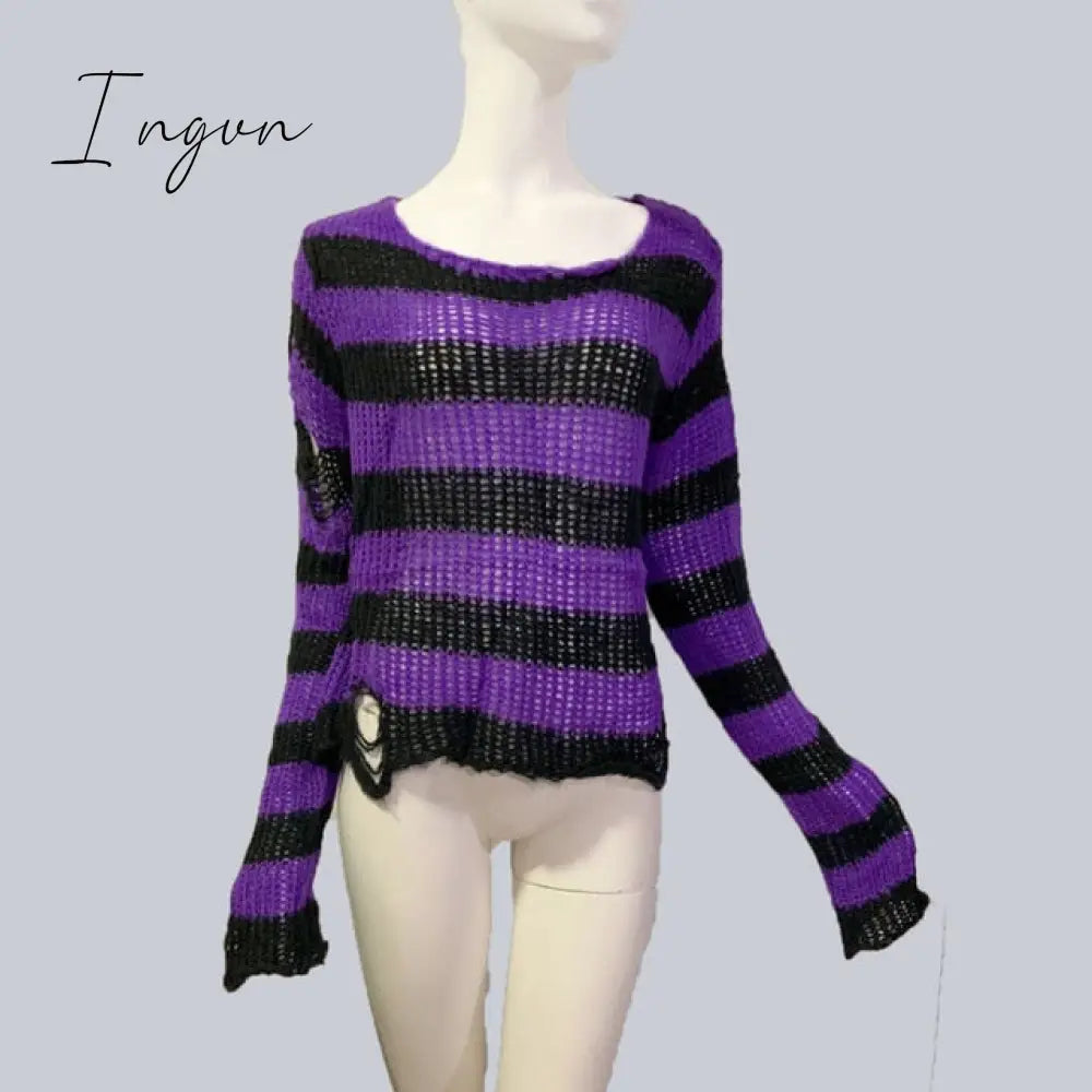 Ingvn - Plus Size Punk Gothic Long Unisex Sweater Dress Women Man Striped Cool Hollow Out Hole Broken Jumper Loose Rock Thin Sweter