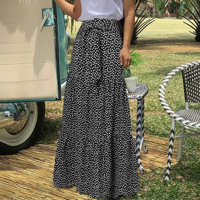 Long Skirts Women  Autumn Celmia Vintage High-Waist Female Skirts Casual Plaid Check Loose Printed Belted Pleated Maxi Skirt
