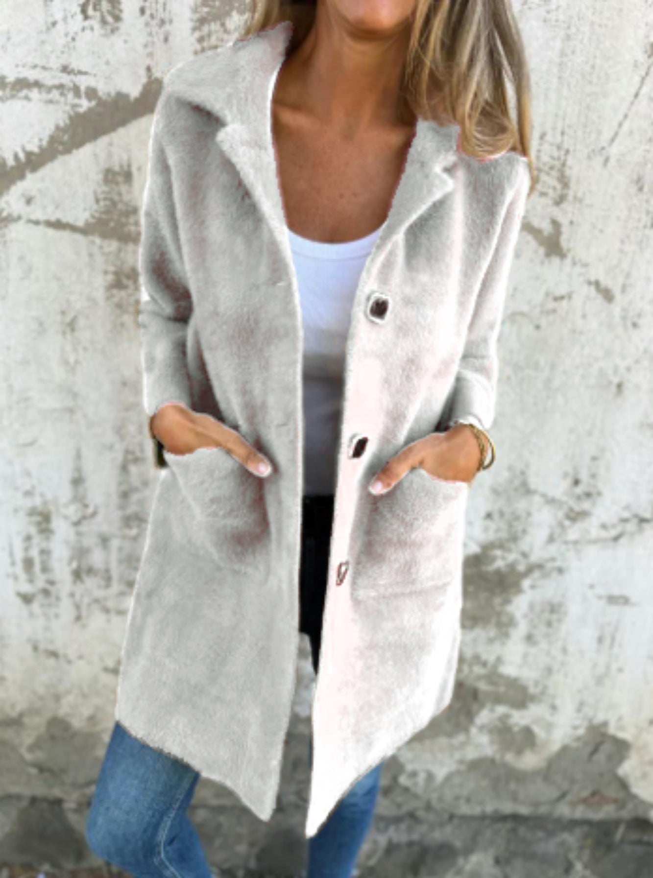 Autumn and winter single-breasted solid color lapel pocket double-sided cashmere mid-length coat for women