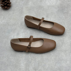 Mary Jane Genuine Leather Single-layer Shoes Spring and Summer Artistic Casual Buckle Flat Soft Cowhide Simple Women's Shoes