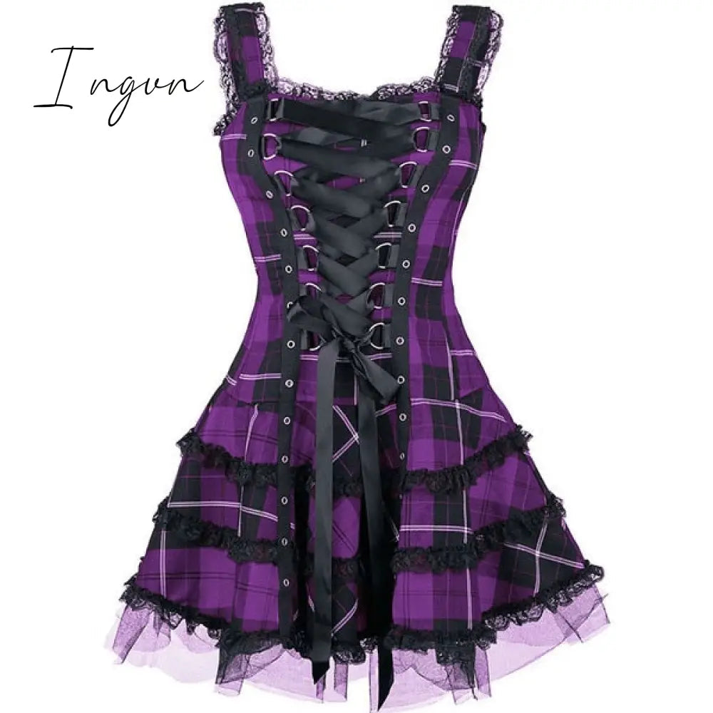 Ingvn - Dress Women Classic Frill Lace Dresses Sleeveless Plaid Vintage Gothic Mini Dresses Ball Gowns Cosplay Costume Plus Size Dress