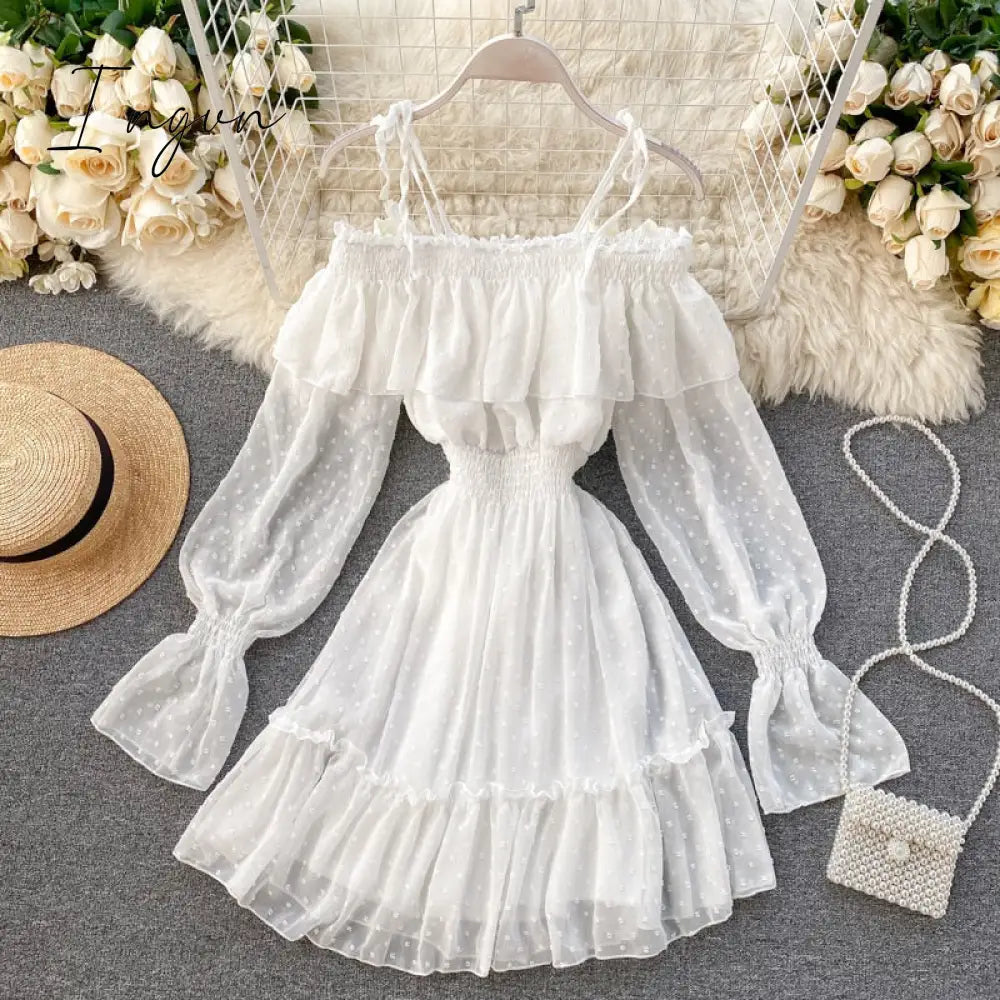 Ingvn - Spring Outfits Sexy ruffles Summer off shoulder short dress spaghetti strap Party elastic waist dress Women casual beach a-line dress