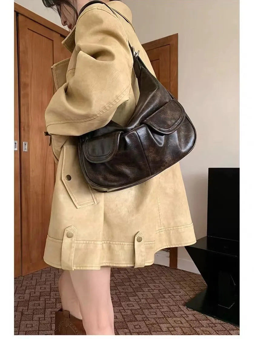 INGVN  2024 New Women Vintage Underarm Bag Korean Office Lady All Match Top-Handle Bags Trendy Fashion Simple Zipper Shoulder Handbags
