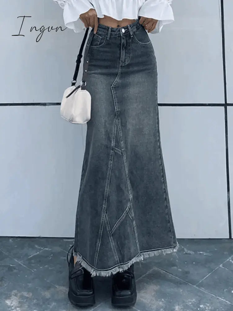 Ingvn - Back Slit Patchwork Long Denim Skirt