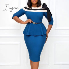 Ingvn - puff sleeve women patchwork dress autumn  bodycon dresses elegant office lady work midi dresses femme vestiods plus size 4xl