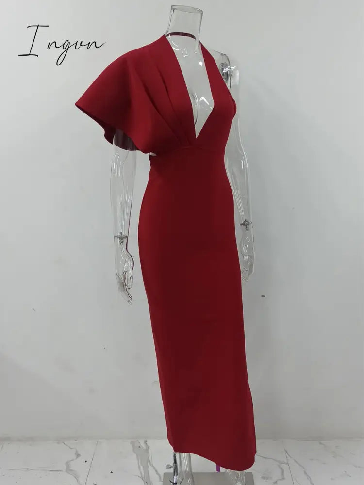 Ingvn - 2023 Fashion Trends Draped Backless Women Side Split Evening Club Party Dress New Sexy V Neck Orange Black Long Bandage Dress Vestidos