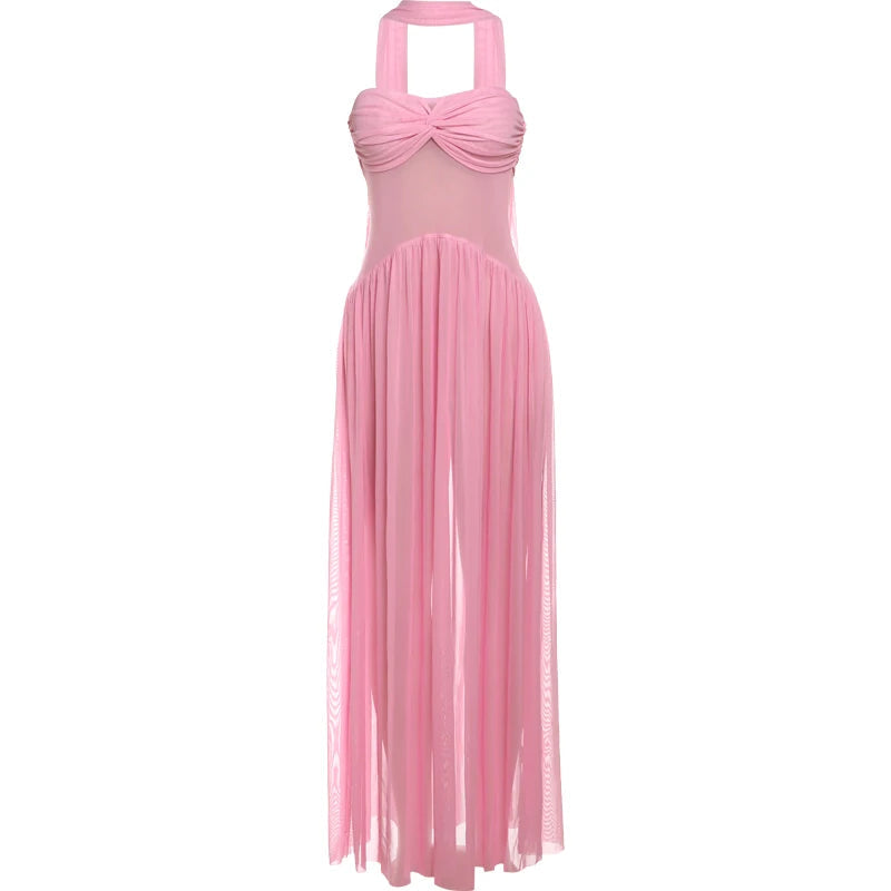 Temperament Mesh Patchwork Maxi Dress Women Solid Scarf+Sexy Backless Strapless Ruffles Midnight Banquet Party Outfits