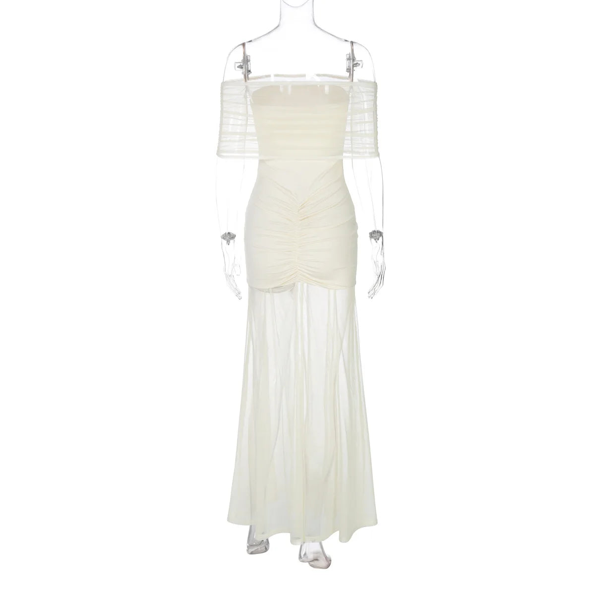 Mesh Patchwork Strapless Sexy Maxi Dress For Women Fashion Off-shoulder Backless High Waist Ruched Slim Party Dress Summer 2025