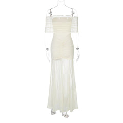 Mesh Patchwork Strapless Sexy Maxi Dress For Women Fashion Off-shoulder Backless High Waist Ruched Slim Party Dress Summer 2025