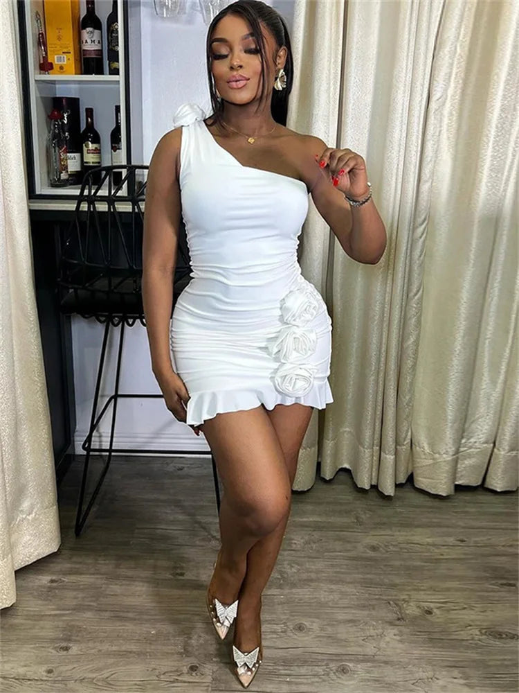 Sexy Incline Shoulder Women Mini Dress Solid Unique Appliques Ruffle Pleated Skinny Vestidos Mujer Classic Party New Frock