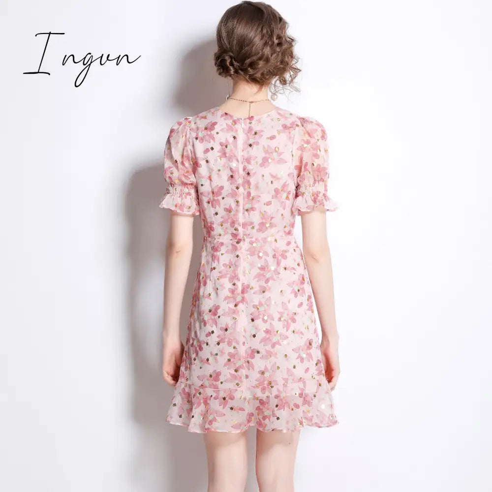 Ingvn - French Gothic Fishtail Floral Summer Dress Women Beach Style Tea Platycodon Grandiflorum Drawstring Hip Dress K6686