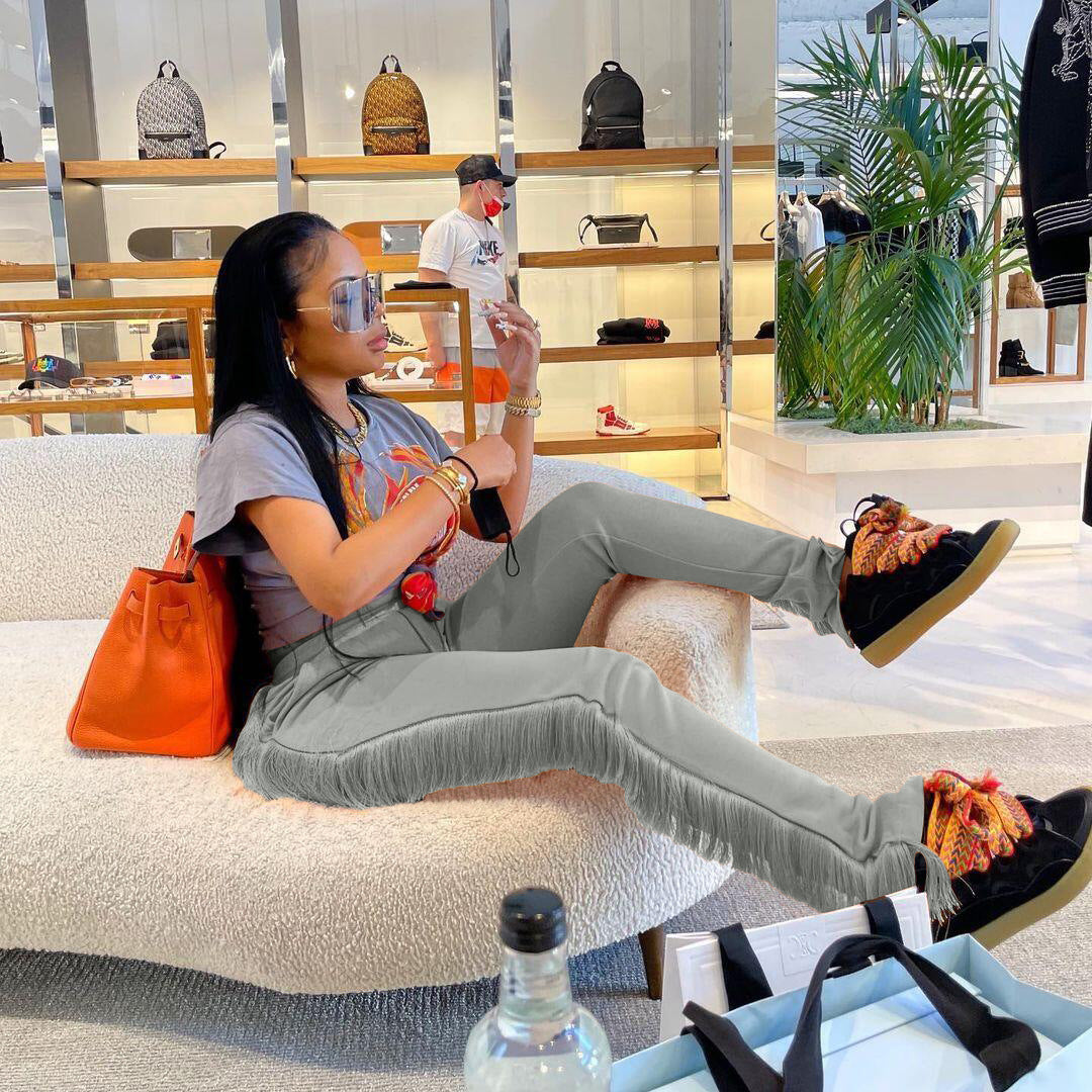 Voguable  Women Festival Clothing Casual Streetwear Bodycon Sweat Pants Women Vintage Capris Side Tassels Patchwork Solid Jogger Pant