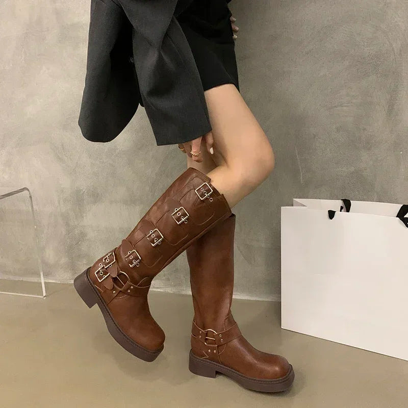 Ingvn  Square Toe Women Western Cowgirl Boots Fashion Belt Buckle Knight Long Booties Autumn Winter Female Low Heel Shoes