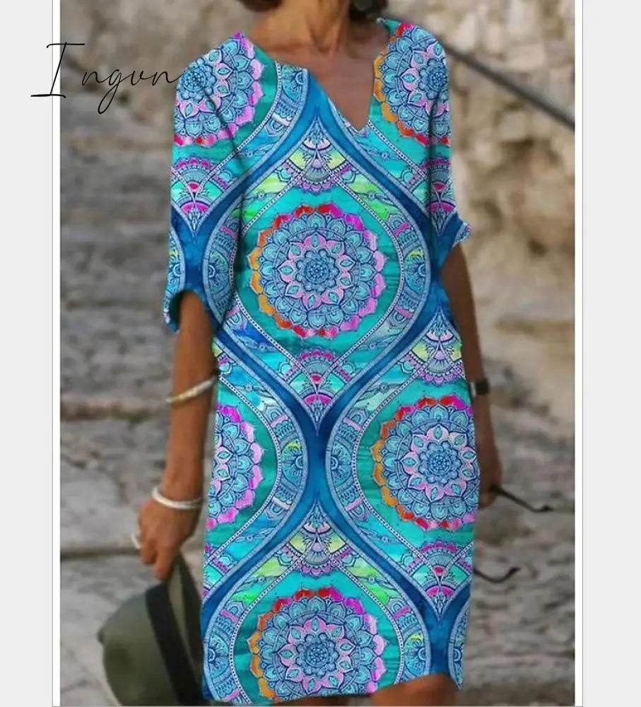 Ingvn - New Women Printing Dress Summer V-Neck Half Sleeve A-Line Dresses Female Retro litera Vintage Loose Dress Vestidos