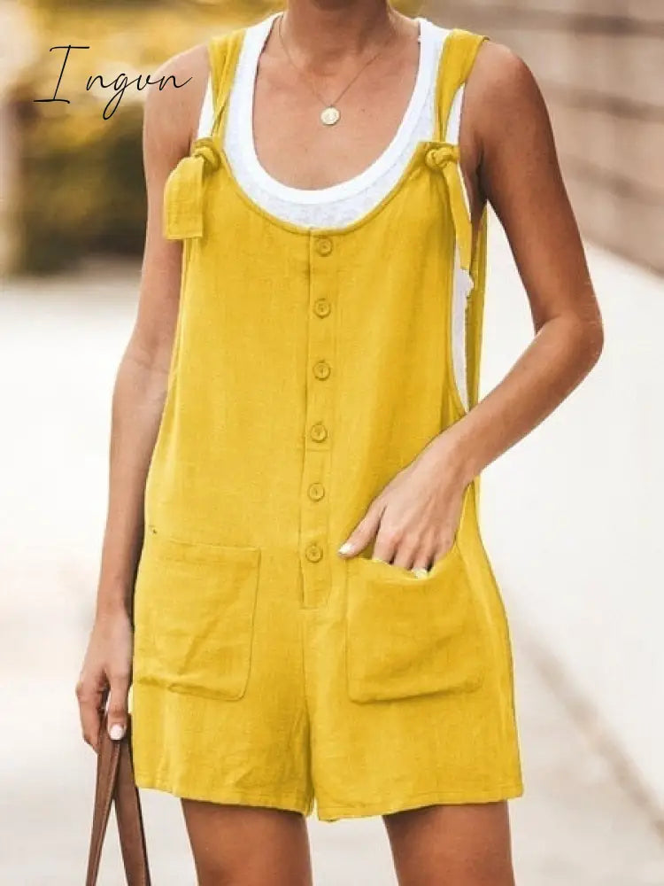Ingvn - Summer Women Sleeveless Overalls Elegant Jumpsuits Romper Casual Vintage Ladies Short Pants Cotton and linen Wide Leg Pants