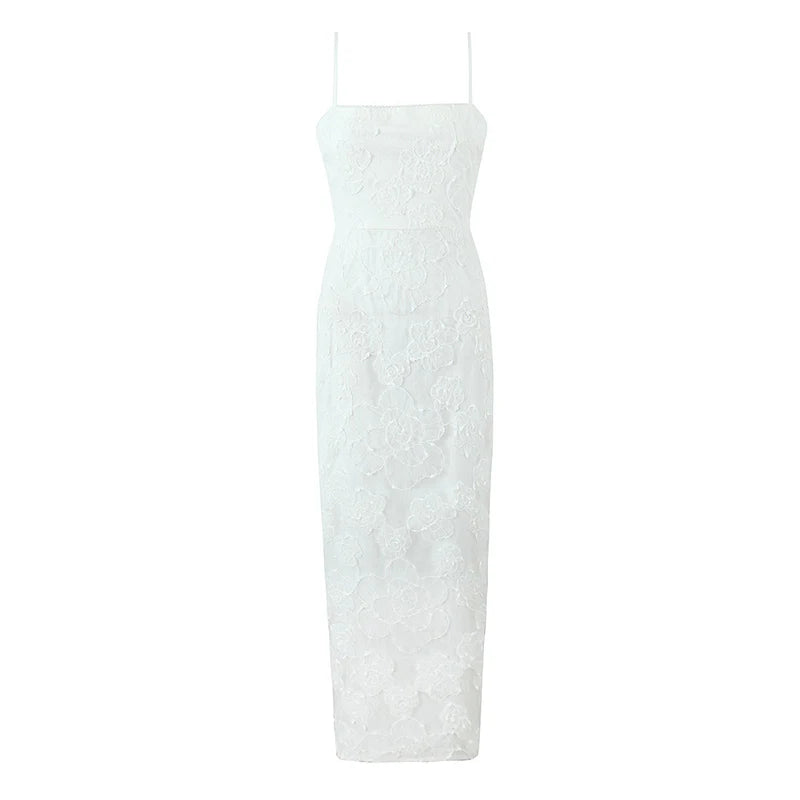 Sexy Elegant Women Floral Embroidery Lace Sling Long Dress Romantic Female Package Hips Evening Party Maxi Robe Summer