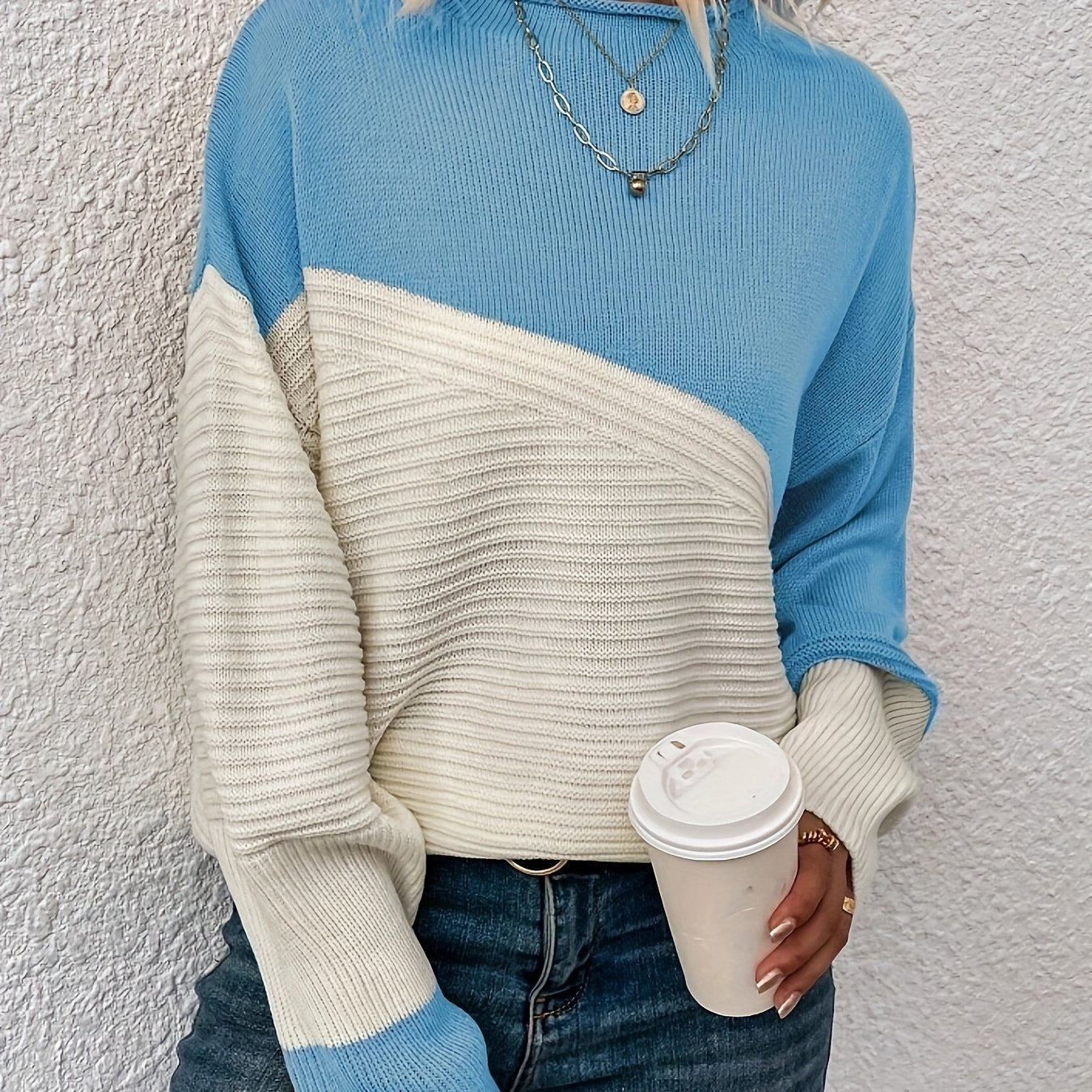 Stylish Color Block Crew Neck Sweater - Pullovers for Women - Soft, Elegant, and Cozy Drop Shoulder Long Sleeve Sweater for Fall and Winter Seasons
