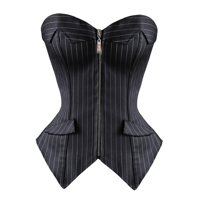 Sexy Black Striped Overbust Corset Office Lady Corselet Sexy Women Zip Corset Bustier Strapless Tops Costume Fashion