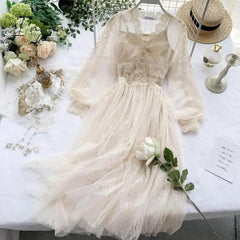 Ingvn - Women Mesh Lace Crochet Dresses V-neck Elegant Prom Puff Sleeves Dress Women Summer Dot Prom Party Sexy Slim Swing Long Dress