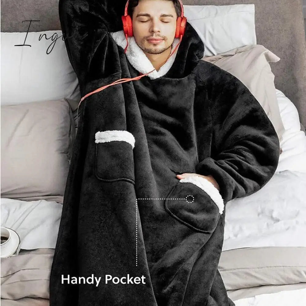 Ingvn - Oversized Wearable Blanket Flannel Thick Soft Warm Long Hoodie Blanket Big Hooded Sweatshirt Hoodie Blanket for Adults Women Girls Teenagers Teens Men Black