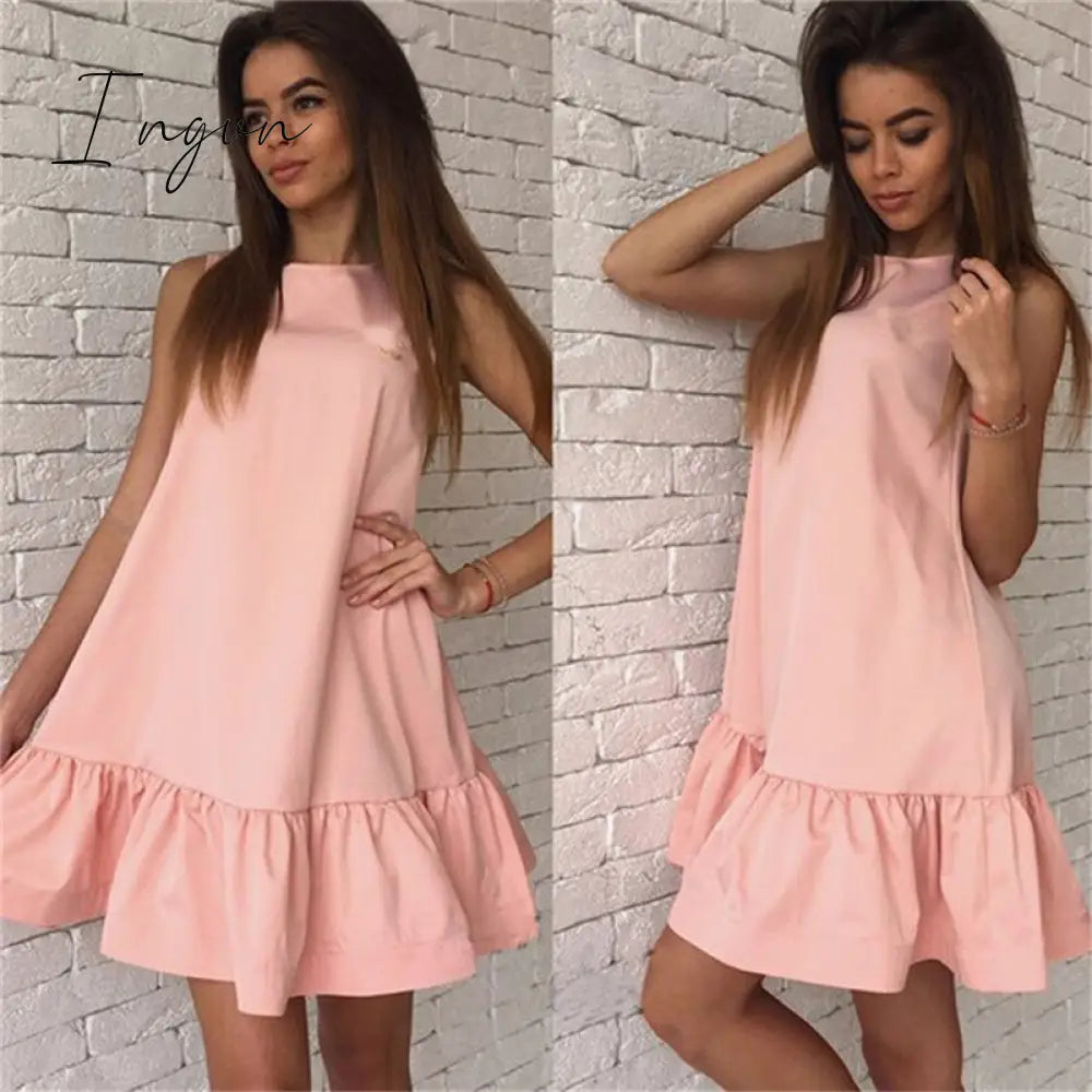 Ingvn - Women Female Short Sleeve Loose Mini Short A-line Dresses Summer Beach Casual Dress Candy Color S-XXL