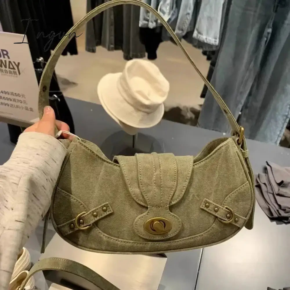Ingvn - Y2k Vintage Shoulder Bag American Street Style Rivets Green Canvas Handbag Gothic Punk Biker Cool Designers Underarm Bag