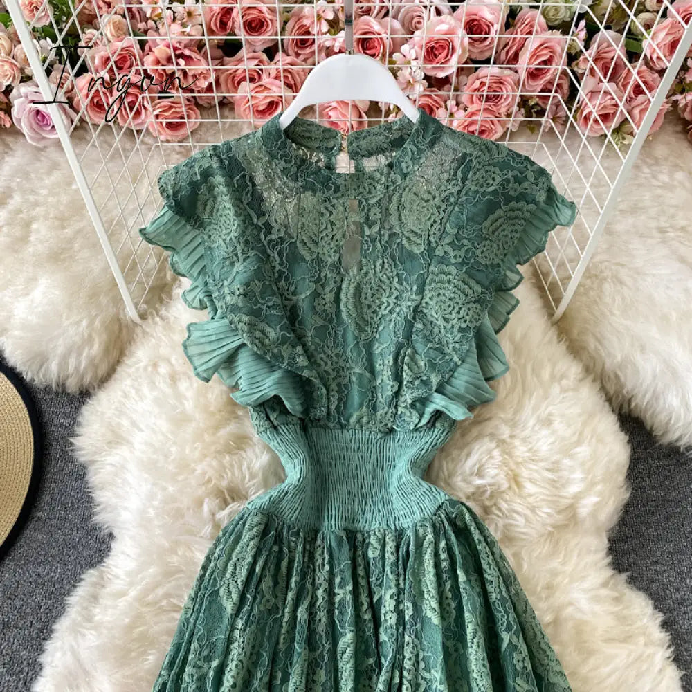 Ingvn - Vintage Purple/Green/Red Lace Midi Dress Women Sweet Round Neck Ruffle Vestidos Female High Waist Slim Robe Spring Autumn