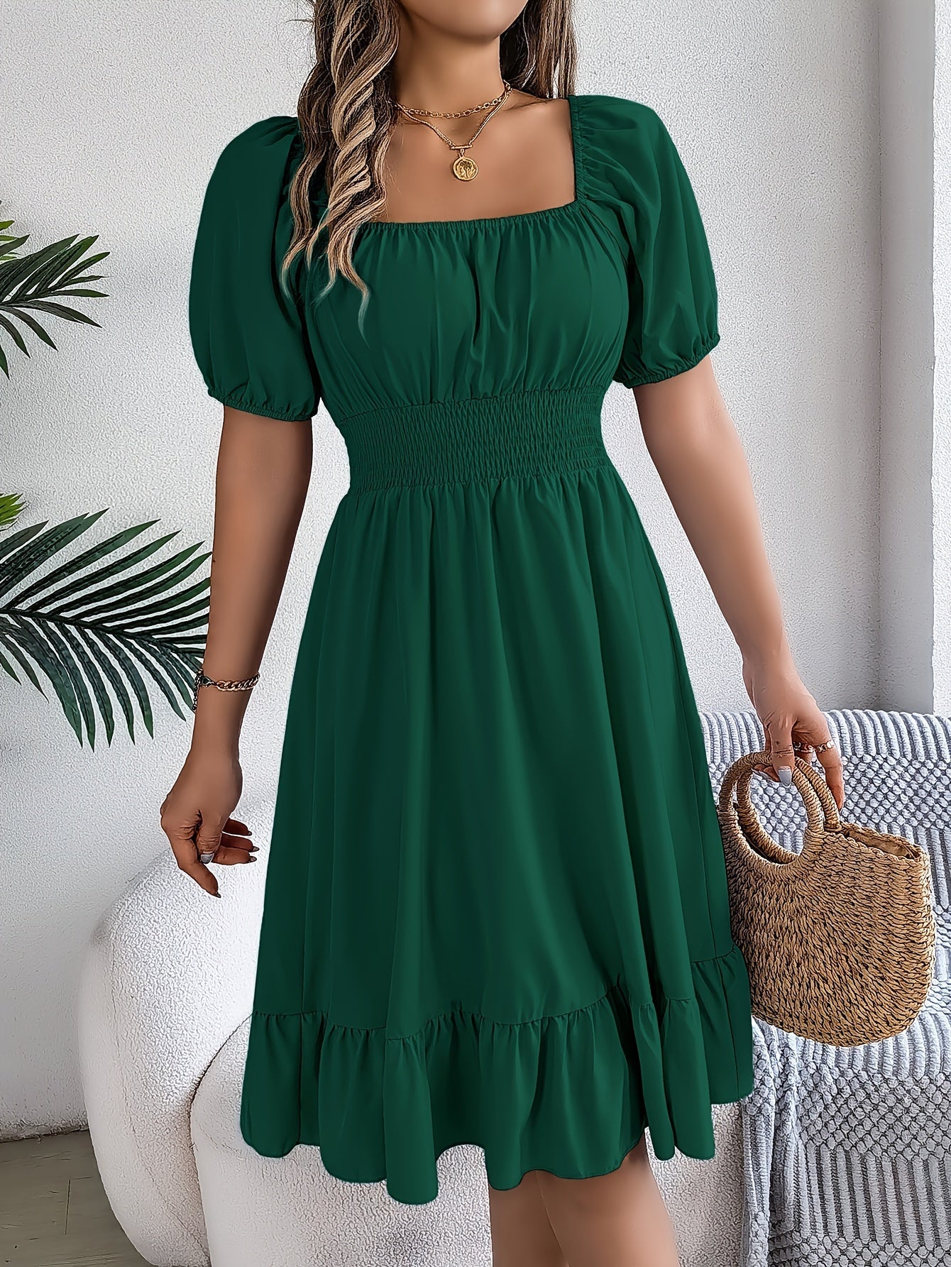 Solid Puff Sleeve Square Neck Waist Dress, Elegant Ruched Bust Ruffle Hem Dress, Women's Clothing Wedding graduation engagement occasion ceremony party holiday vacation birthday