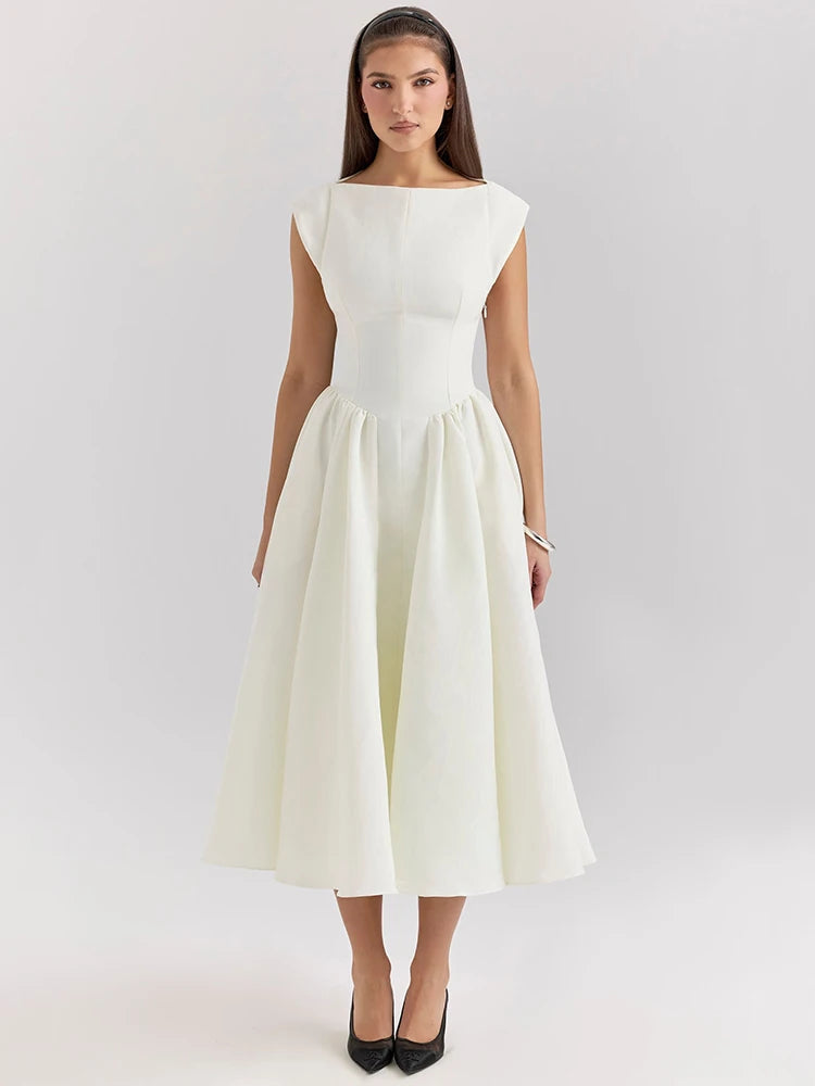 White Backless A-line Sexy Maxi Dress For Women Gown Solid Hollow Out Sleeveless High Waist Club Pleated Dress Elegant